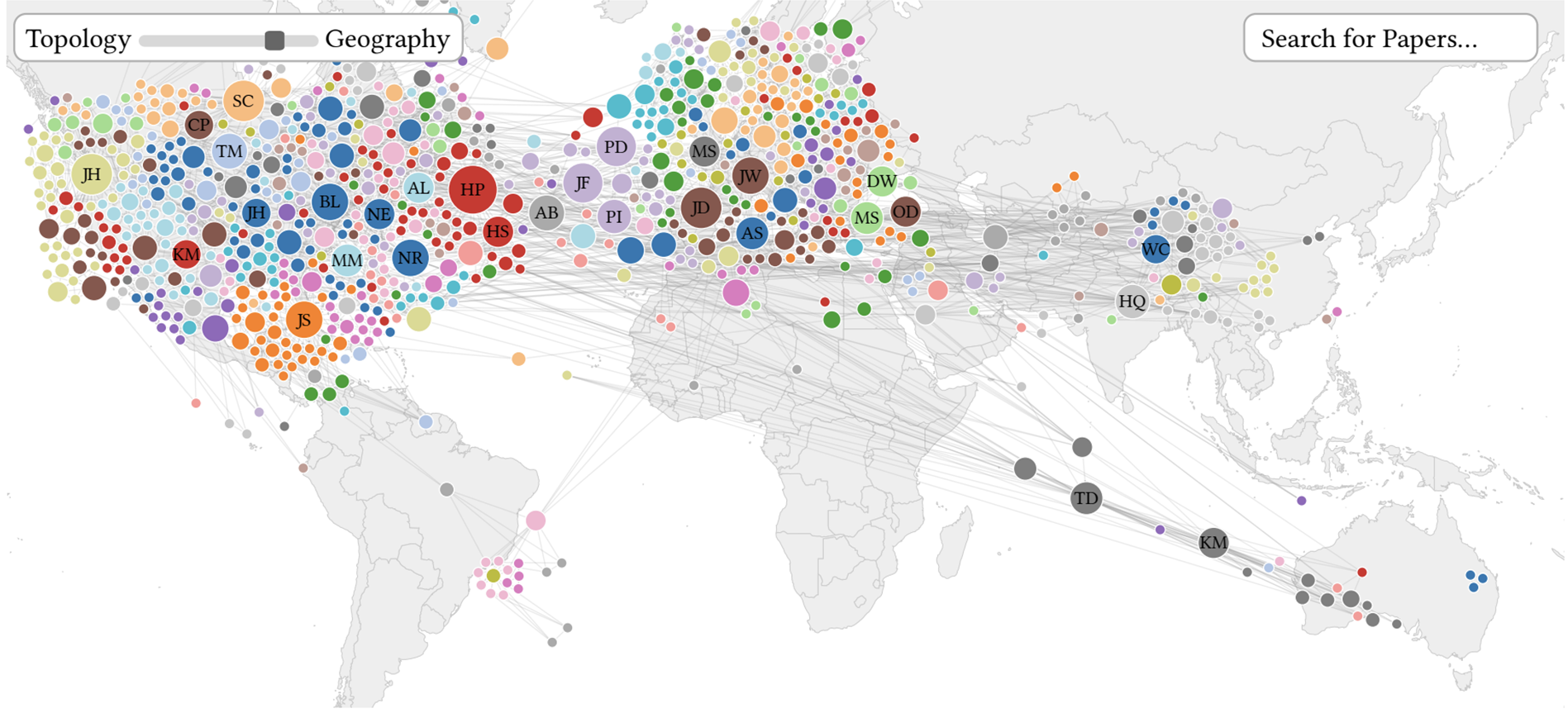 Map with superimposed circles for individual authors and lines drawn between them to show coauthorship.